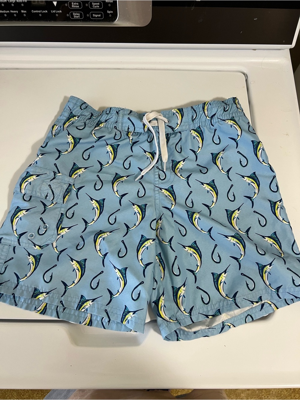 Kids Blue Marlin Print Swim Trunks